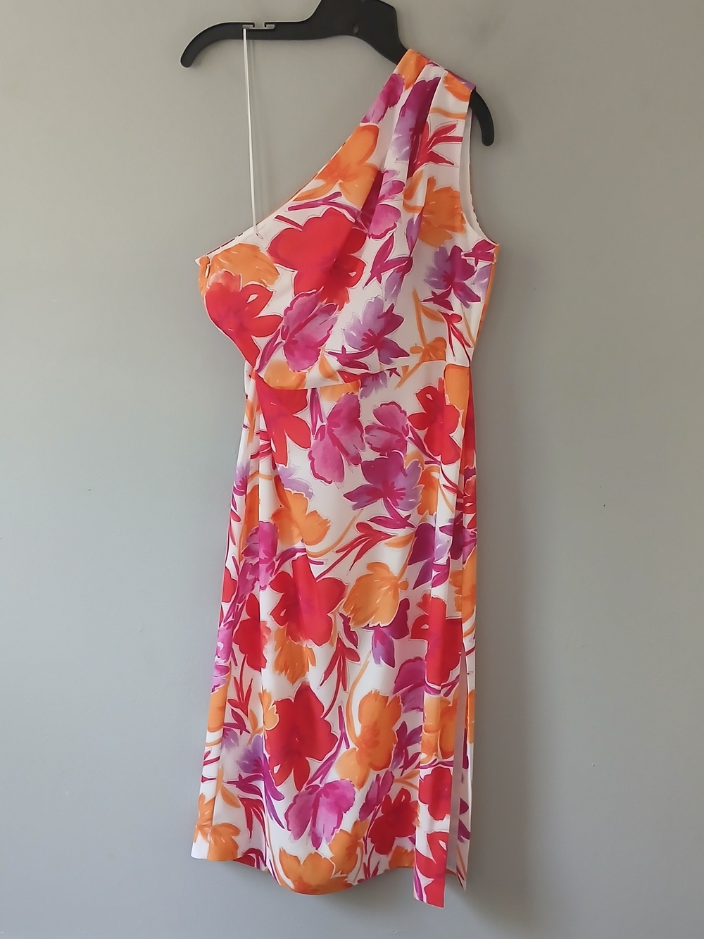 Milly Size 12 Floral One Shoulder Satin Pink Orange Midi Dress Lined Cocktail